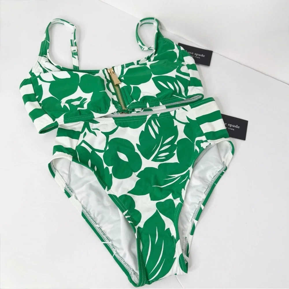 NWT KATE SPADE | Floral Forest Glen White and Green Bikini High Waist Set Sz. XS